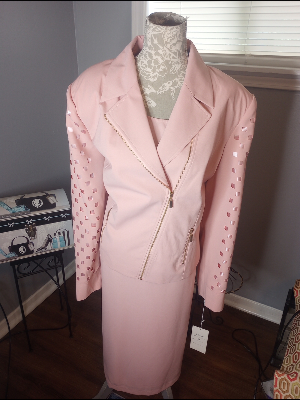 Women's Blush Pink Laser-Cut Moto Jacket 3 Piece Suit